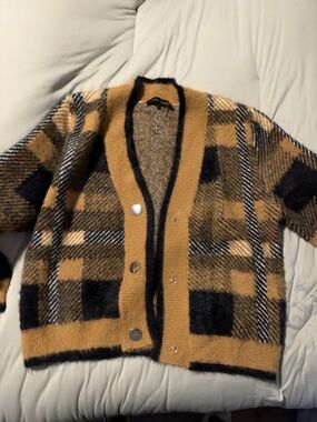 English Factory plaid heavy cardigan, metal snaps